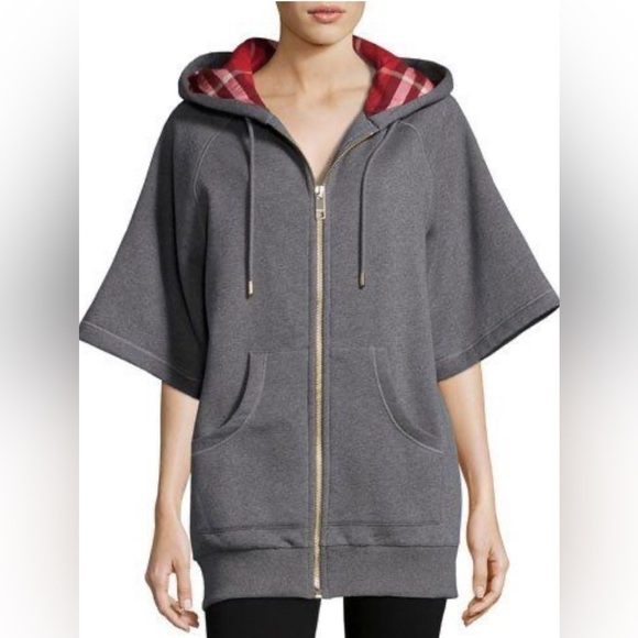 ⭐️Burberry Check Lined Short Sleeve Long Hoodie Zippered Jacket—GORGEOUS—NWT—M - Picture 1 of 9
